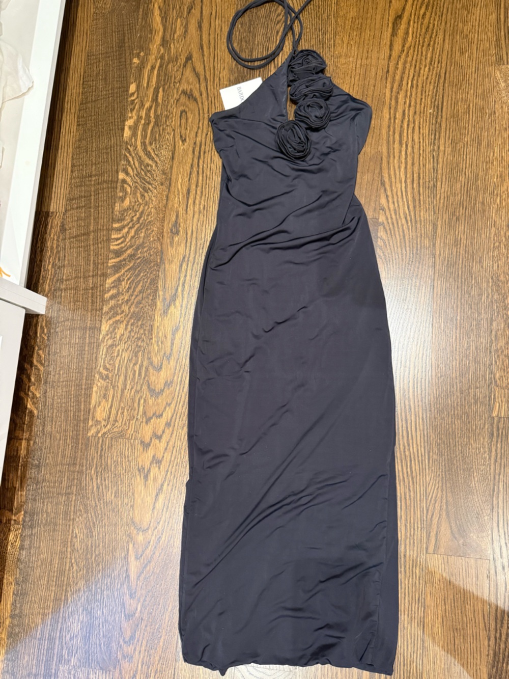 Bardot Black Halter Bodycon Maxi Dress with Rose Detail